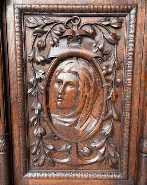 French Antique Solid Oak Wood Cabinet with Highly Carved Virgin Mary Door