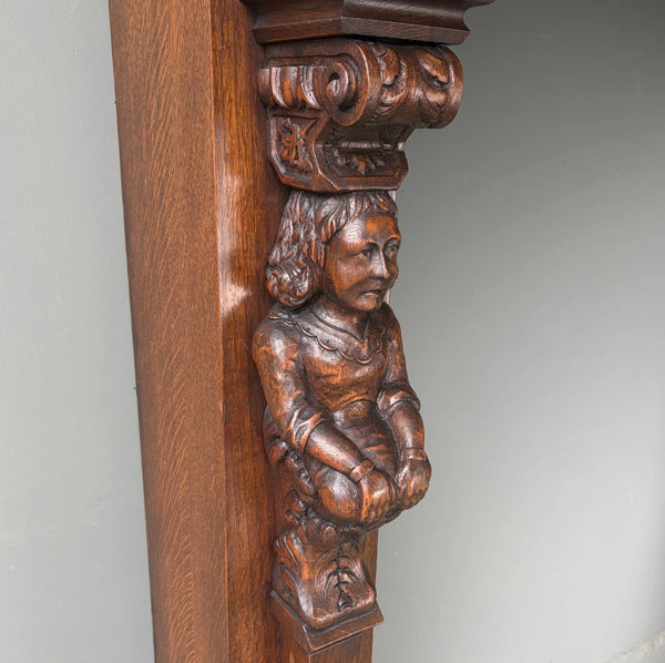 82" Large Vintage Renaissance Revival Oak Fireplace Surround/Mantel w/Figures