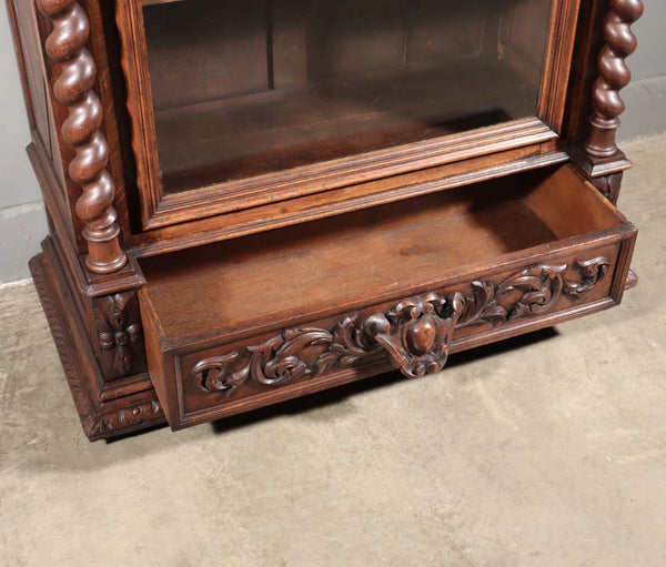 88" Tall French Antique Solid Oak Wood Bookcase/Display Case/Cabinet Carved