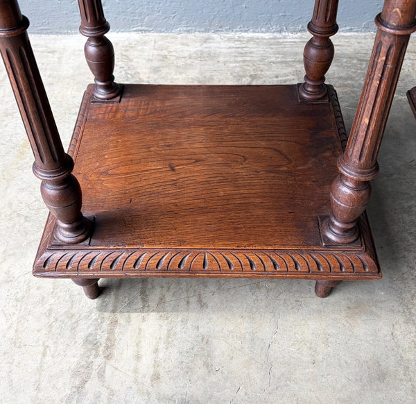 Pair of 34" Tall Antique French Breton Nightstands with Marble Tops in Chestnut