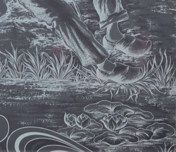 37" Tall Antique French Etched Glass Window with Rural Scene Man by the Water