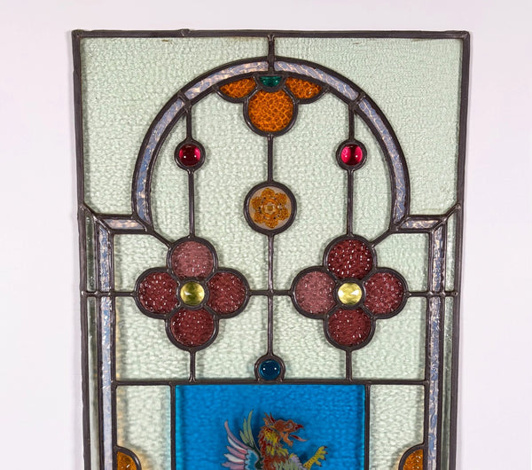 38" Tall Antique French Stained/Leaded Glass Panel w/Griffin and Uranium Glass