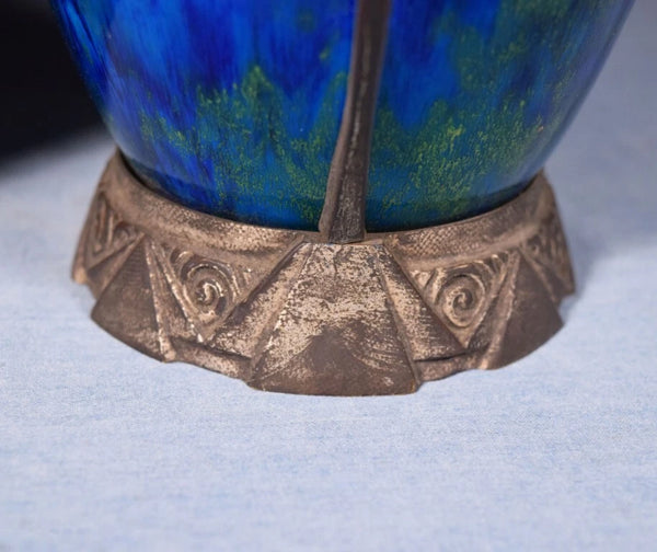 Vintage Art Deco Paul Milet Sèvres Vases/Urns Blue Drip Glaze w/Bronze Ormolu