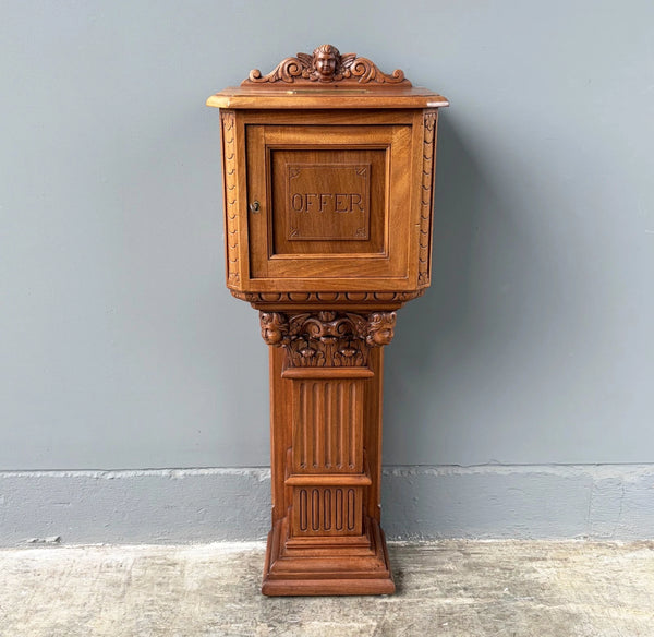Antique French Donation Box Christianity with Angel Carvings in Solid Mahogany