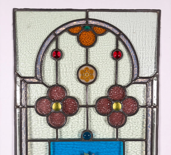 38" Tall Antique French Stained/Leaded Glass Panel w/Griffin and Uranium Glass