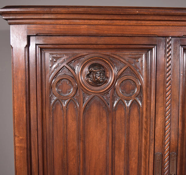 Large Antique French Gothic Revival Cabinet Highly Carved in Walnut Wood