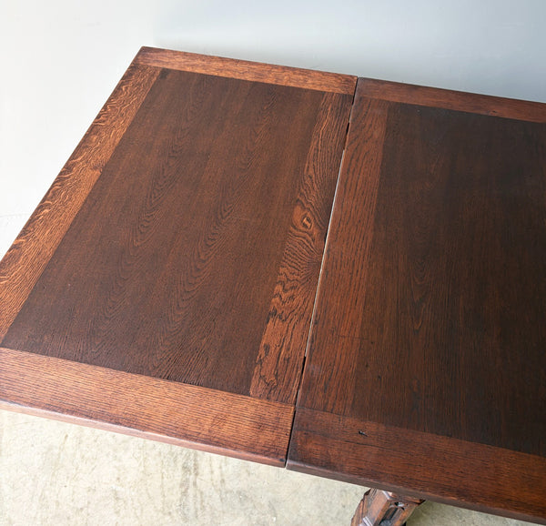 Vintage French Gothic Dining Table in Solid Oak Wood with Highly Detailed Base