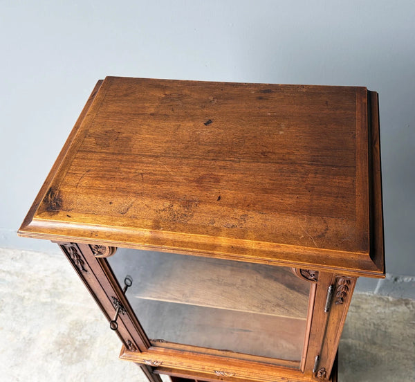 French Antique Narrow Walnut Bookcase/Display Case with Locking Door