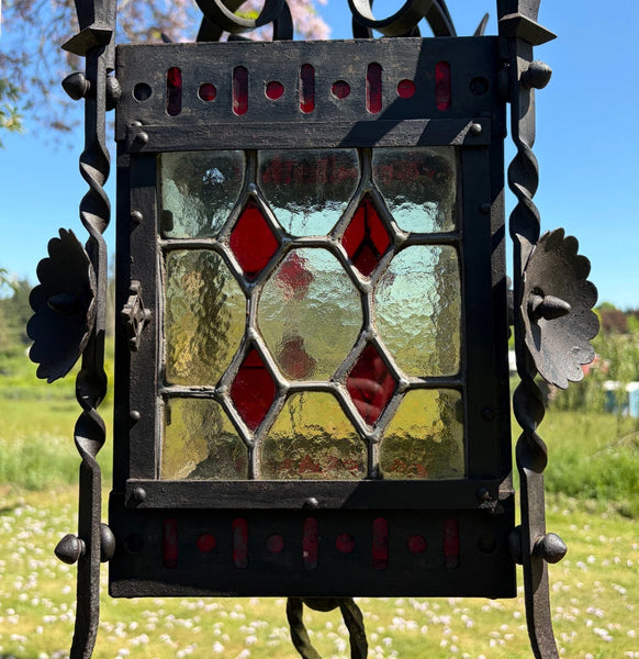 27" French Antique Gothic Iron & Stained Glass Hanging Chandelier/Pendant Lamp
