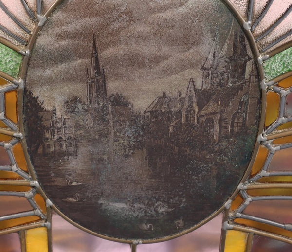 36" Wide Antique French Art Deco Stained Glass Panel of Bruges w/Copper Frame