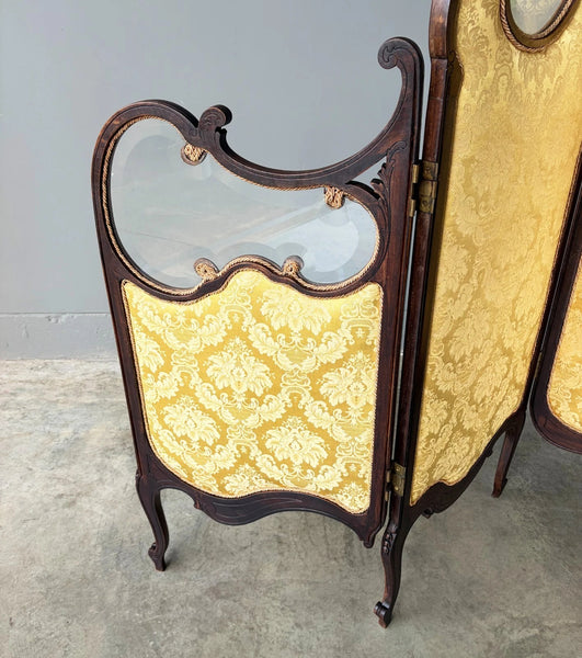 61" Tall Antique French Louis XV Rococo Tri-Fold Screen with Beveled Glass