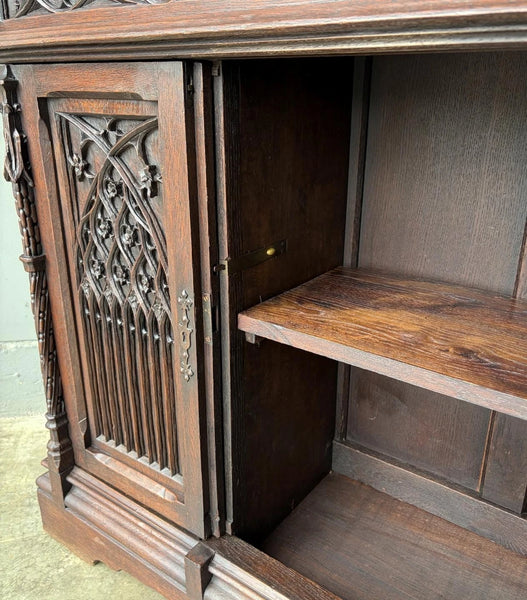 Antique French Gothic Revival Cabinet/Console/Sideboard, Highly Carved Oak
