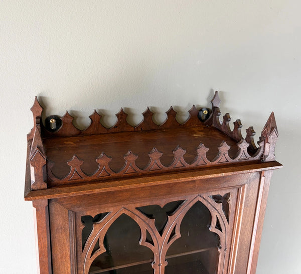 French Antique Gothic Revival Solid Oak and Walnut Wood Bar or Wall Cabinet