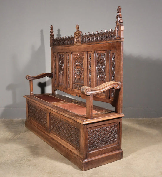 Antique French Gothic Revival Walnut Wood Bench/Settee/Chair Highly Carved