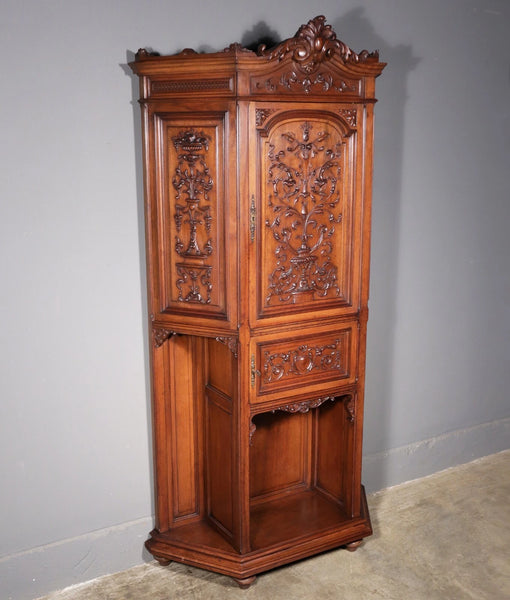 71" Tall Antique French Solid Walnut Wood Highly Carved Renaissance Cabinet