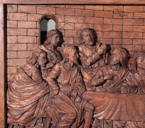 Large Vintage Highly Carved Panel of Jesus and 12 Disciples "The Last Supper"