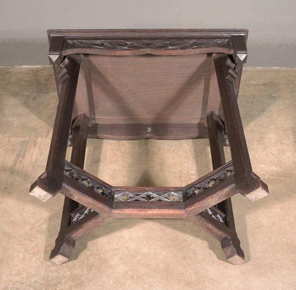 Antique French Gothic Revival Table in Solid Chestnut Wood With Carvings