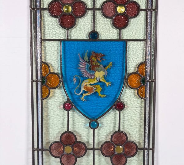 38" Tall Antique French Stained/Leaded Glass Panel w/Griffin and Uranium Glass