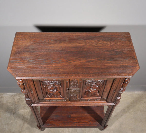 Antique French Gothic Revival Cabinet Highly Carved in Oak Wood w/Figures