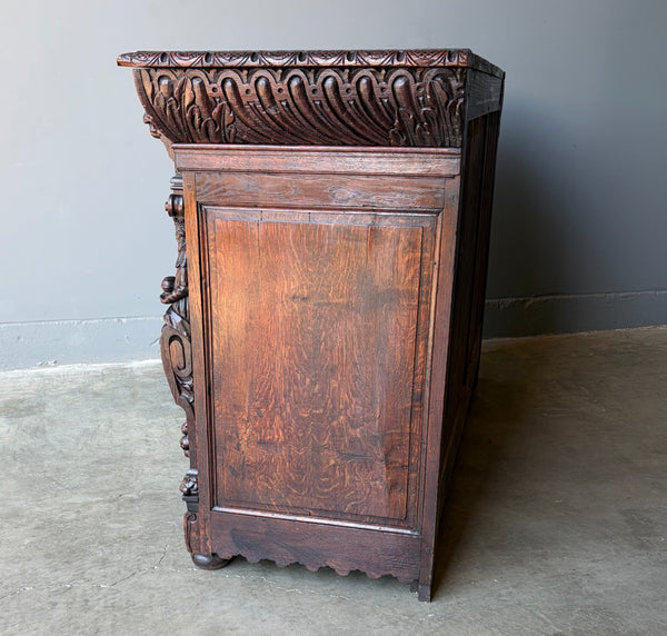 1700's Antique French Renaissance Sideboard in Solid Wood Oak Highly Carved