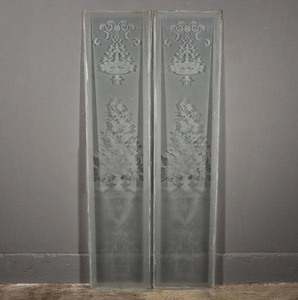 56" Tall Pair of Antique French Etched Glass Windows Frosted Glass with Flowers