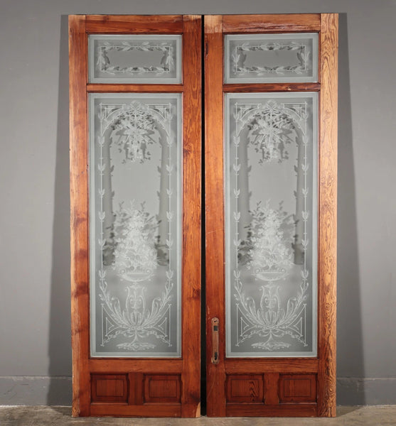 87" Tall Pair of Antique French Etched Glass Windows Frosted Glass with Flowers