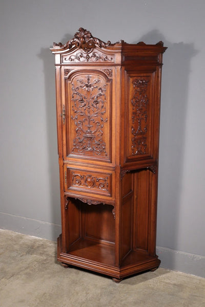 71" Tall Antique French Solid Walnut Wood Highly Carved Renaissance Cabinet