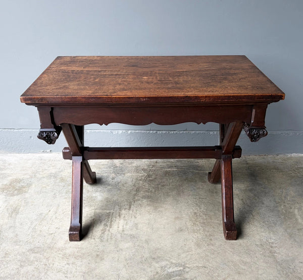 Antique French Gothic Desk/Library Table in Chestnut/Walnut Wood with Drawer