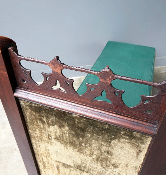 74" Long French Antique Neo Gothic Day Bed Solid Walnut with Green Silk Cushions