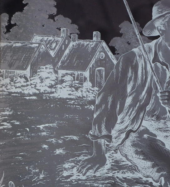 37" Tall Antique French Etched Glass Window with Rural Scene Man by the Water