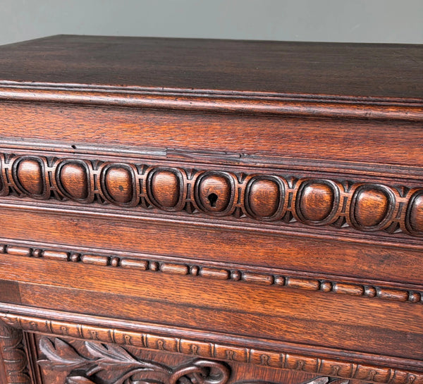 French Antique Solid Oak Wood Cabinet with Highly Carved Virgin Mary Door