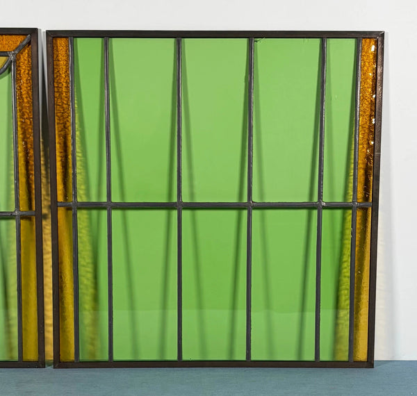 43" Tall Pair of Antique French Stained Glass Window Panels Green & Yellow Glass