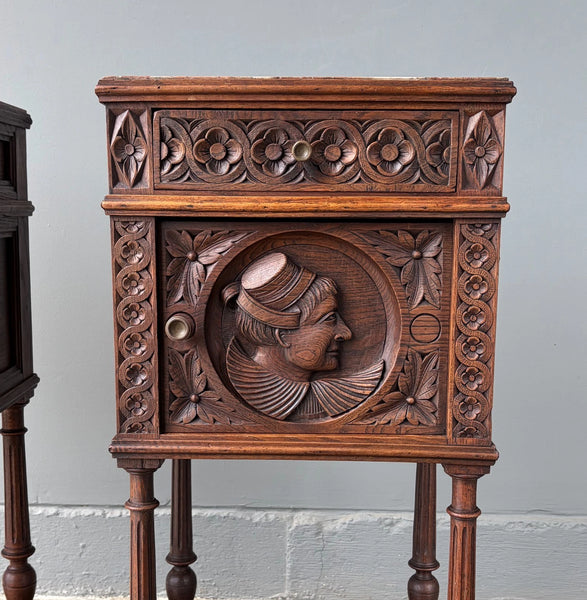 Pair of 34" Tall Antique French Breton Nightstands with Marble Tops in Chestnut