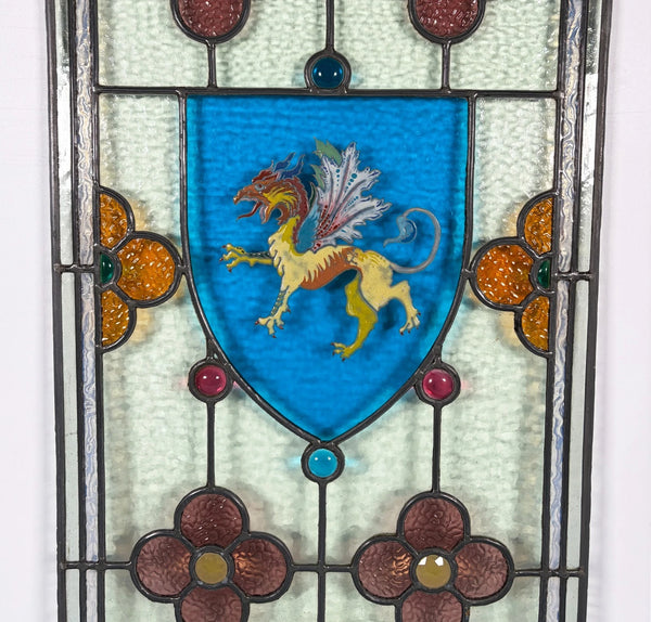 38" Tall Antique French Stained/Leaded Glass Panel w/Griffin and Uranium Glass