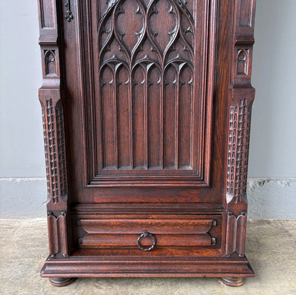67" Tall French Antique Gothic Cabinet in Solid Oak Highly Carved Wood