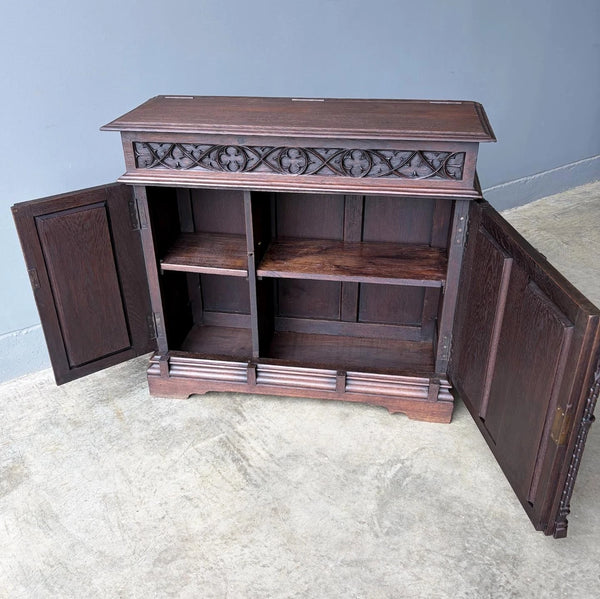 Antique French Gothic Revival Cabinet/Console/Sideboard, Highly Carved Oak