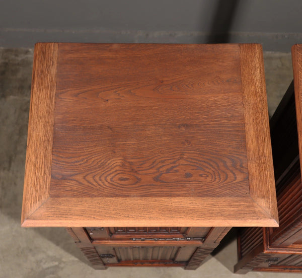 50" Tall Pair of Vintage French Solid Oak Wood Highly Carved Gothic Cabinets