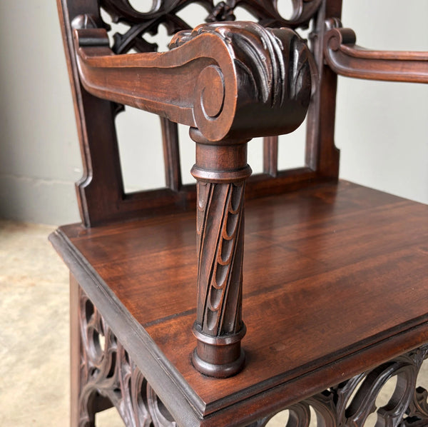 French Antique Gothic Revival Walnut Arm Chair Carved Wood Desk Chair