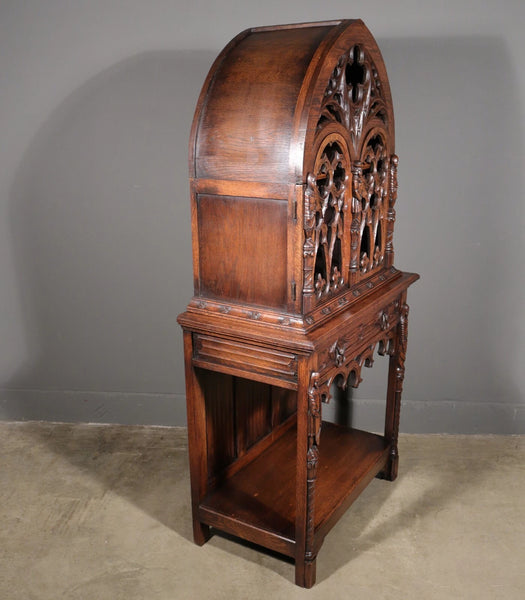 70" Tall Antique French Gothic Revival Oak Wood Cabinet/Liquor/Wine/Bar Cabinet