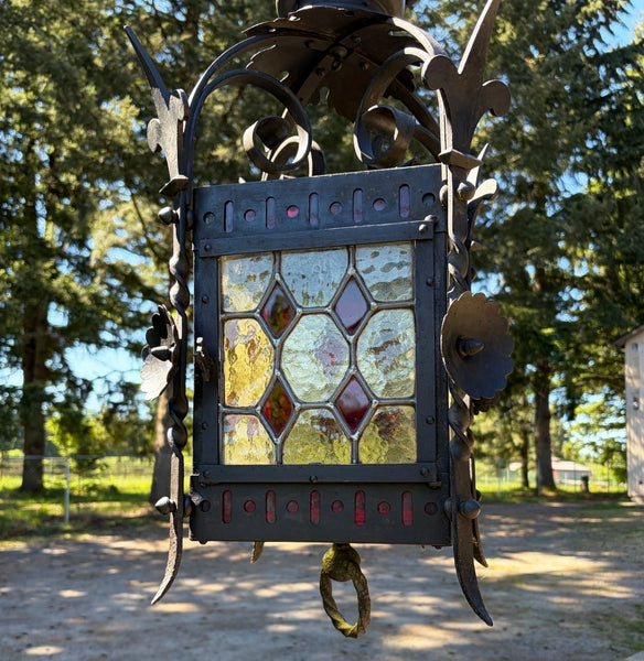 27" French Antique Gothic Iron & Stained Glass Hanging Chandelier/Pendant Lamp