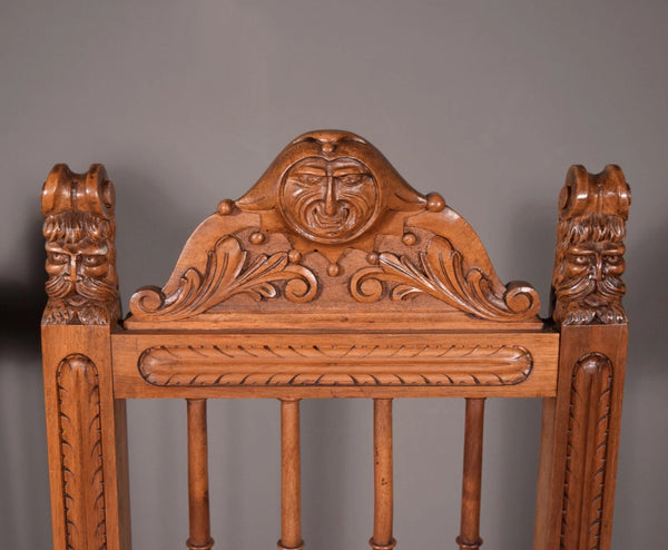 Pair of Antique Renaissance Revival Arm Chairs Solid Walnut Hand Carved Jesters
