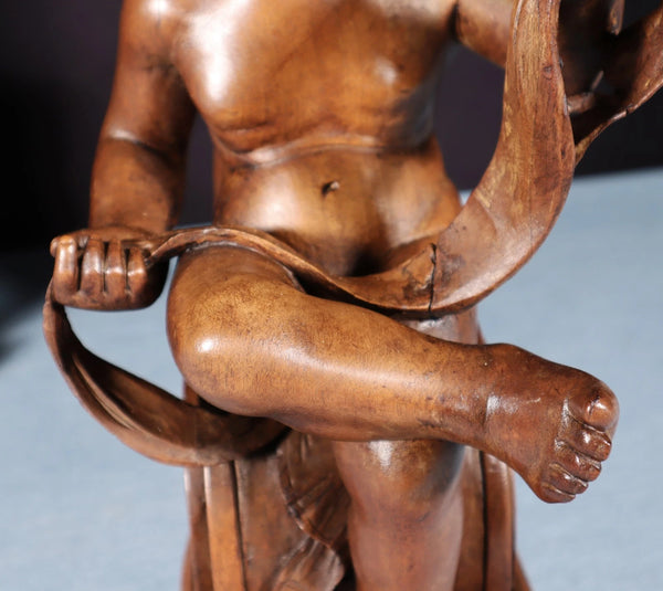 13" Tall Pair of French Antique Solid Walnut Wood Highly Carved Cherubs