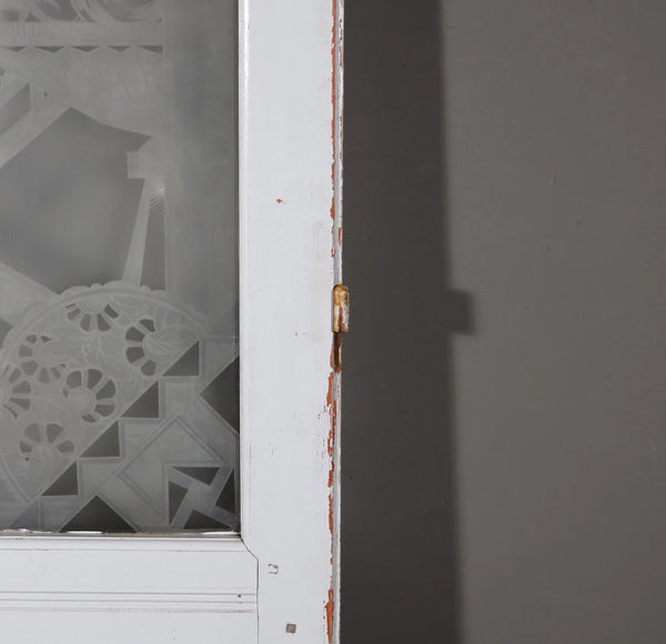 Pair of Antique French Art Deco Etched Glass Doors Frosted Glass w/Pine Frames