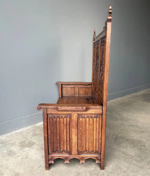Vintage French Gothic Revival Oak Wood Bench/Settee/Chair Highly Carved