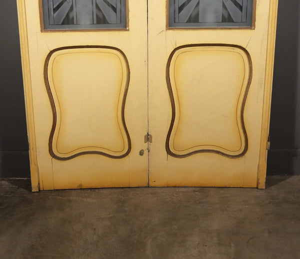Pair of French Art Deco Etched Glass Doors Frosted Glass with Pine Frames