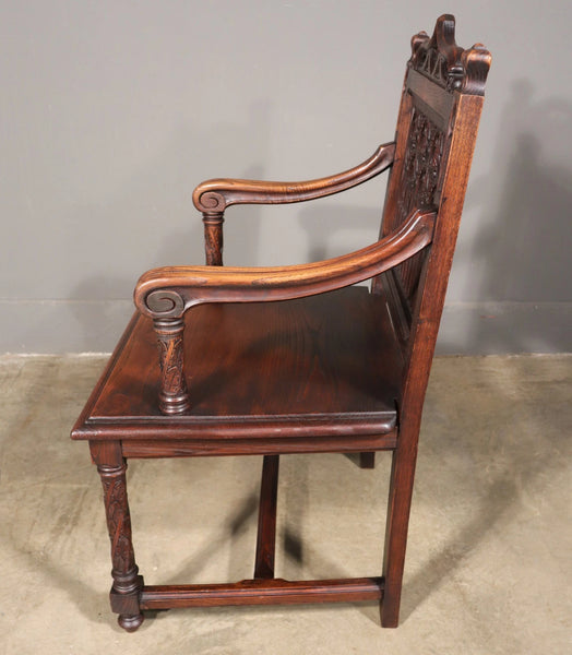 French Antique Gothic Revival Desk with Chair in Solid Carved Chestnut Wood