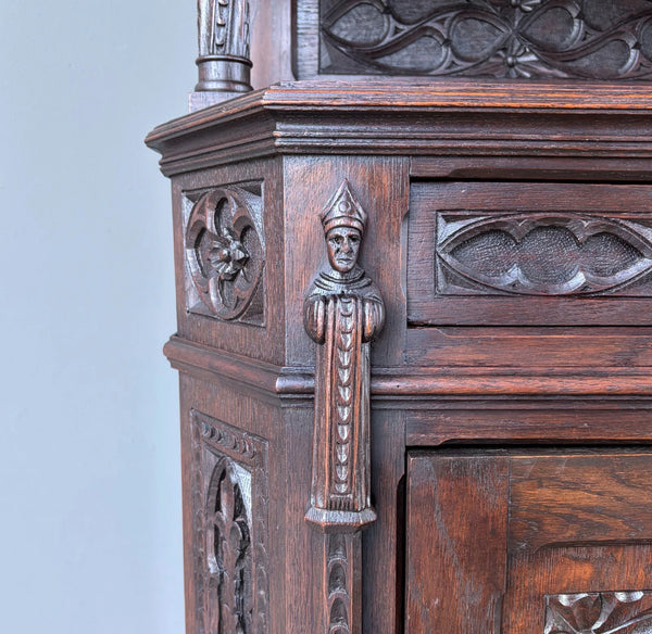 Antique French Gothic Revival Cabinet/Console/Sideboard,Highly Carved Oak