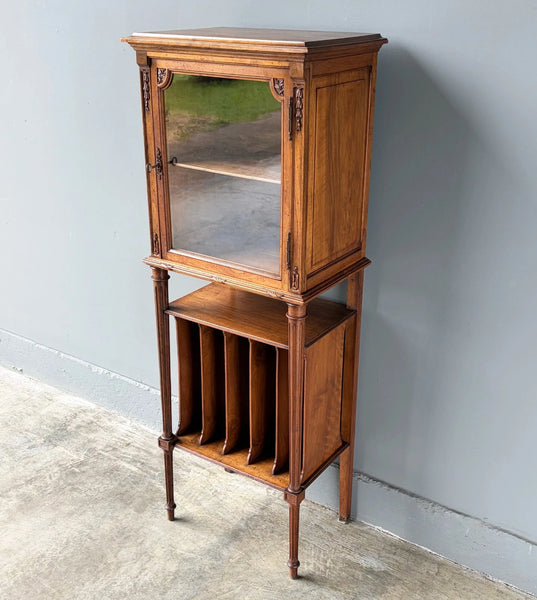 French Antique Narrow Walnut Bookcase/Display Case with Locking Door