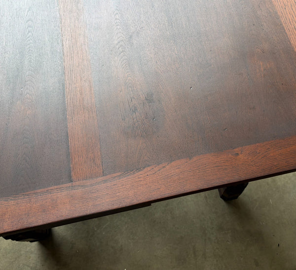 Vintage French Gothic Dining Table in Solid Oak Wood with Highly Detailed Base