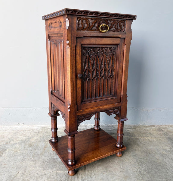 Antique French Gothic Solid Walnut Night Stand/Cabinet With Detailed Carvings